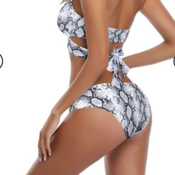 SNAKE PRINT CRISS CROSS HALTER TWO PIECE BIKINI VACATION - Picture 3 of 10